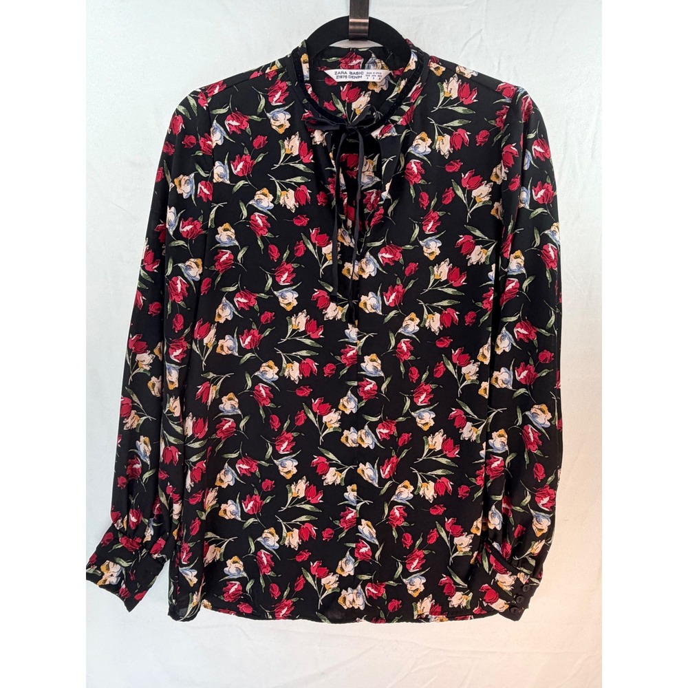 Zara Basic Z1975 Denim Floral Tulip Print Blouse Black Neck Tie Velvet Trim S